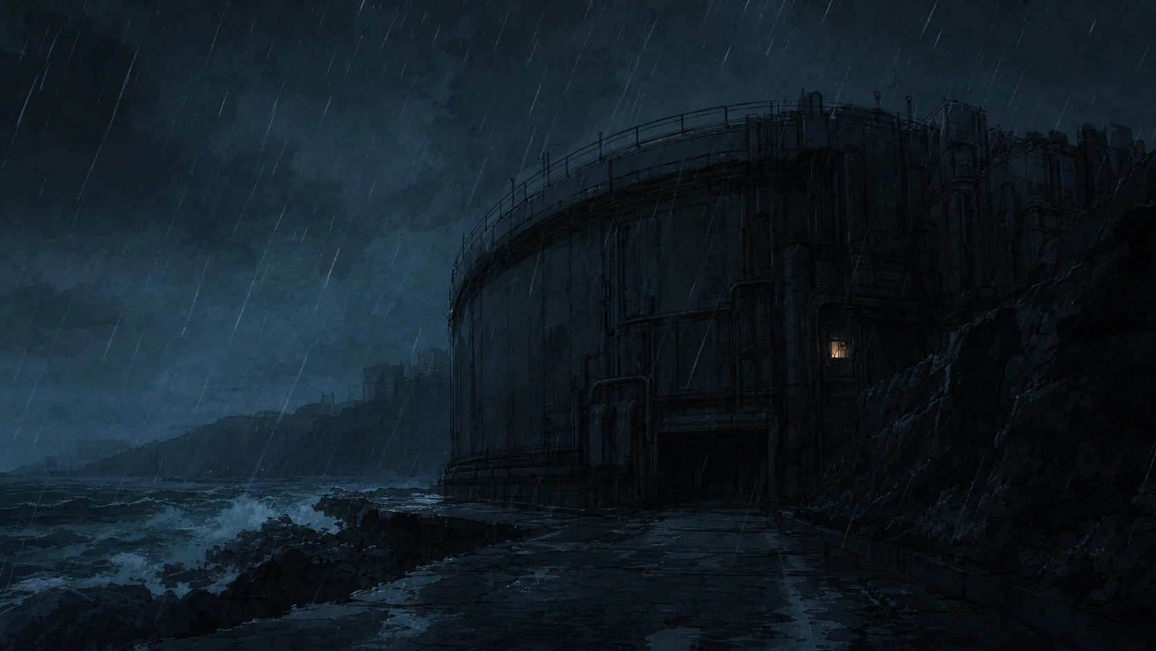 潮汐之前互动滚动电影中的雨夜海岸建筑画面